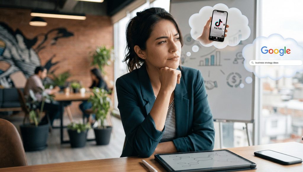 Empresaria en Toluca pensando en estrategias comerciales para vender más. Sobre ella, nubes de pensamiento muestran un teléfono con TikTok y el buscador de Google. Esta imagen representa la necesidad de contratar agencias de marketing en Toluca para navegar entre el marketing digital y el posicionamiento local en Google para empresas de Metepec y el Estado de México.