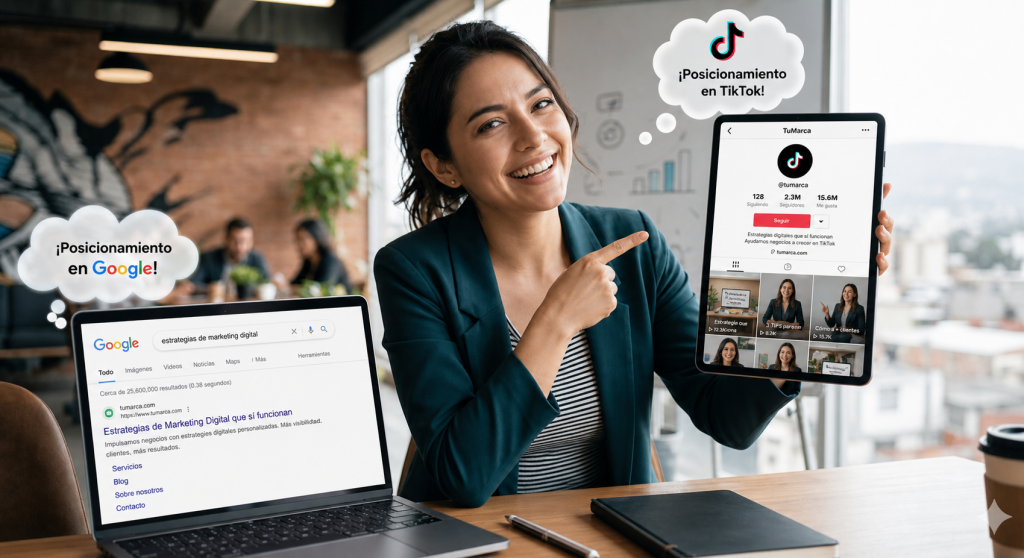 Una empresaria sonriente en su oficina señala una laptop que muestra a "tumarca.com" en el primer lugar de los resultados de búsqueda de Google con la frase "estrategias de marketing digital". Al mismo tiempo, sostiene una tablet que muestra el perfil de TikTok de la misma marca con millones de seguidores. Nubes de pensamiento refuerzan el mensaje con los textos "¡Posicionamiento en Google!" y "¡Posicionamiento en TikTok!".